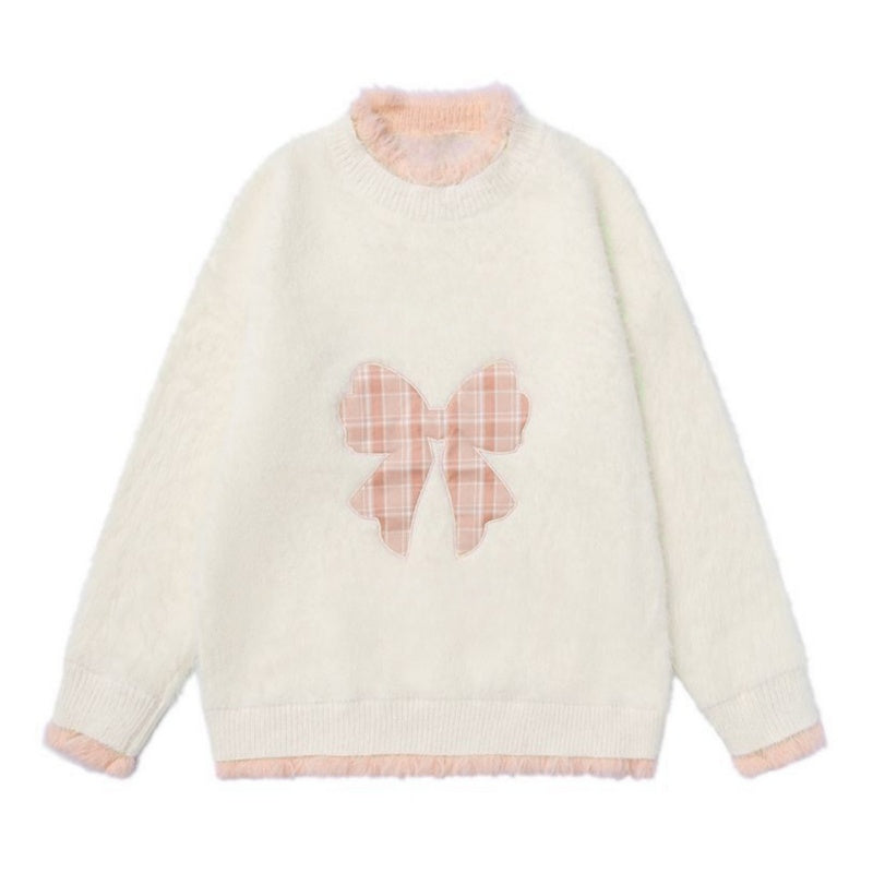Feminine Check Pattern Bow Sweater