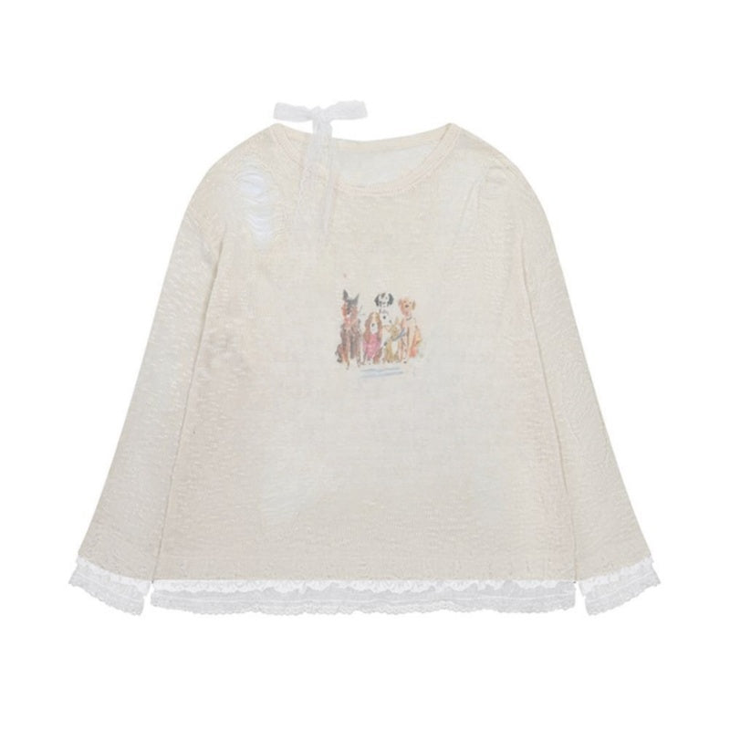 Charming Puppy Motif Sweater with Tie